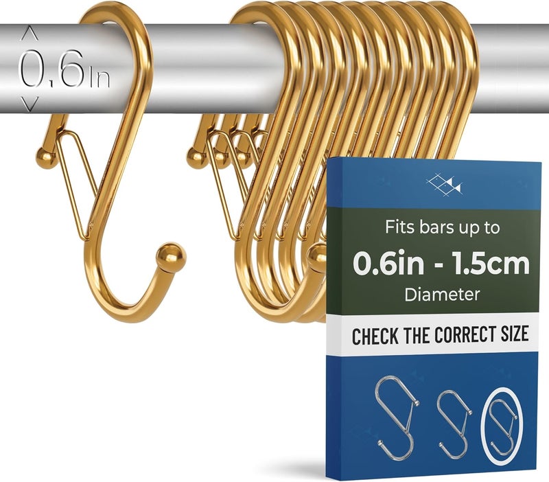 Blau Marité 10-Pack Metal S Hooks for Hanging – Heavy-Duty S-Shaped Hooks with Safety Buckle – Fits Bars up to 0.6 In – Anti-Drop Hook for Kitchen, Pot Racks & Towel Bars – Gold (Small) - Image 1